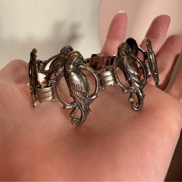 Antique Victorian deco gold vermeil Sterling silver bird parrot wide bracelet - Picture 5 of 17